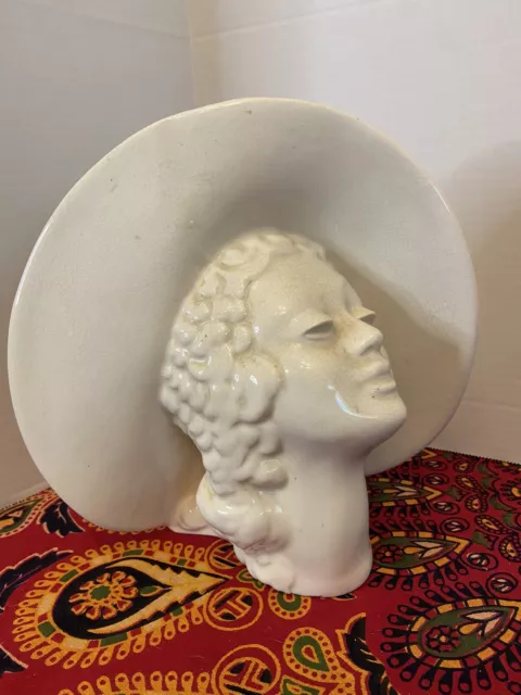 Vintage White Royal Haeger Head Vase Woman Brimmed Hat Art Deco Planter USA