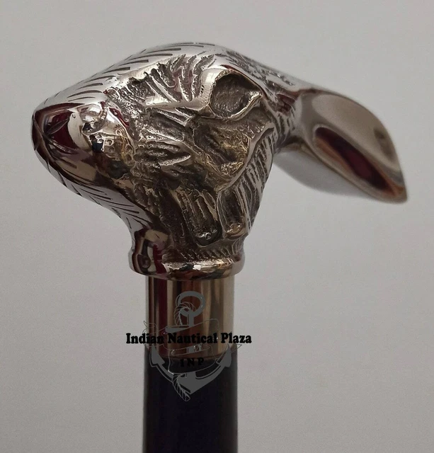 Canne De Marche Vintage – Bois, Poignée Tête De Chien En Laiton, Style Victorien