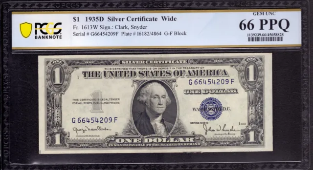 1935 D $1 Silver Certificate Note Wide Fr.1613W Gf Block Pcgs B Gem 66 Ppq