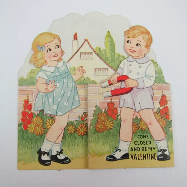 Vintage Valentine Blonde Girl & Boy Hold Magnet Die Cut Fold Out Stand Up Card