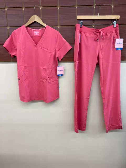 NEW Ava Therese Coral Solid Scrubs Set With Small Top & Small Pants NWT