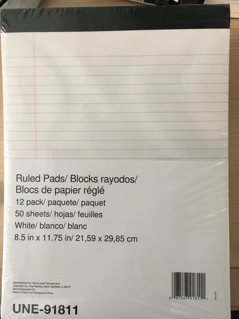 12 Writing Pads, Letter Sized Legal Ruled 50 Sheet/pads 8-1/2" x 11-3/4 White