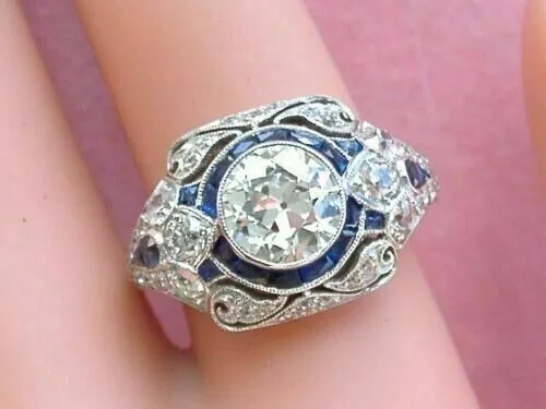 Art Deco Style Diamond & Sapphire Engagement Wedding 14K White Gold Finish Ring