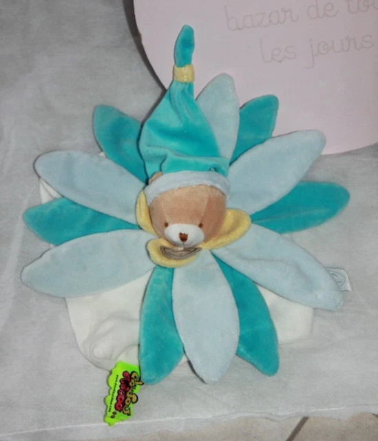DOUDOU ET COMPAGNIE OURS TATOO PLAT BONNET PETALE  BLEU BLANC jamais servi