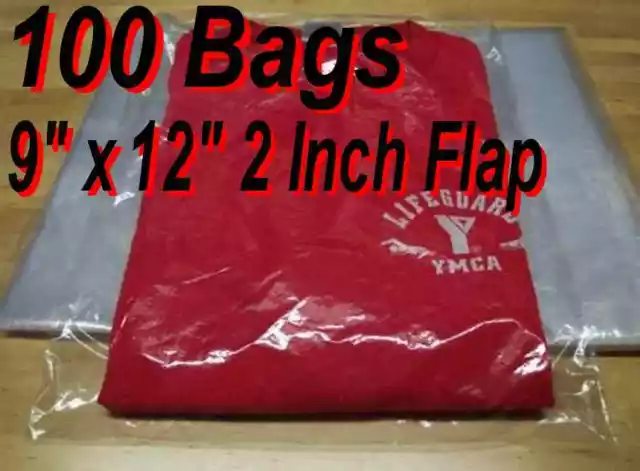 100 CLEAR 9 x 12 BACK FLAP LOCK POLY BAGS PLASTIC T-SHIRT APPAREL ULINE 1 MIL