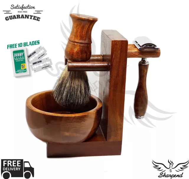 Classic Men's Shaving Set ft DE Safety & Pure Brown Badger Brush Gift Kit f/ HIM