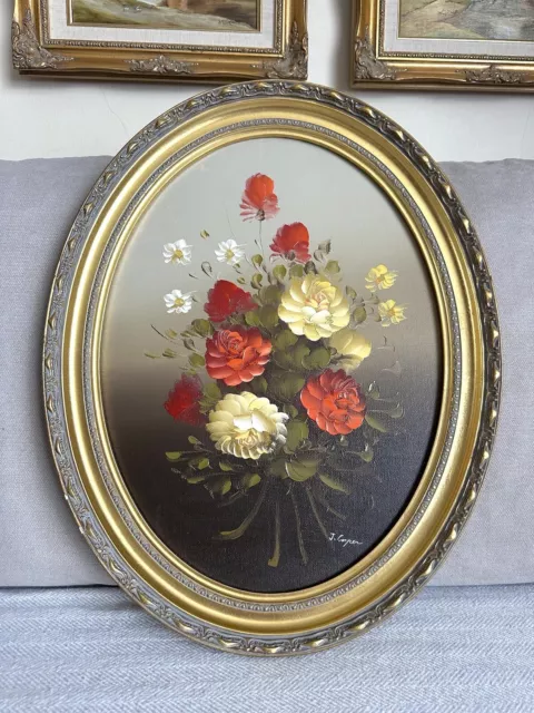 Vintage Original Oil Painting On Board Still Life Flowers Ornate Gold Tone Frame