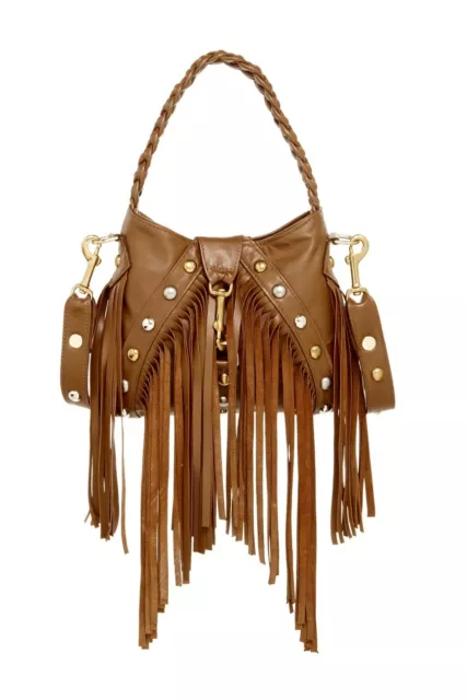 JJ WINTERS CHASE Fringe Multi Stud Brown Leather Crossbody Bag