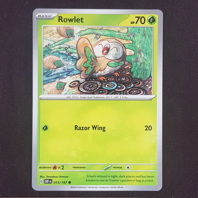 Rowlet Rarest Card ROWLET 013/197 TOMOKAZU Komiya Rare💯MINT💯Obsidian Flames Pokemon Card ...