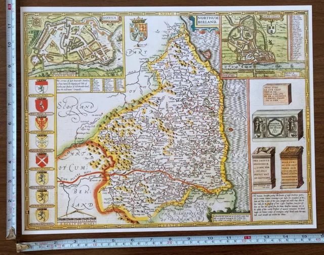 Old Tudor Poster map of Northumberland: Speed 1600's 15.5" x 12 Reprint Antique