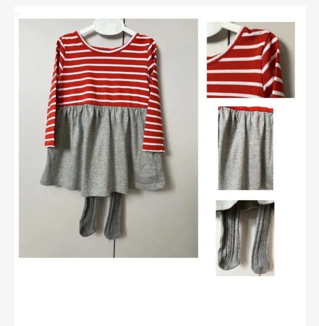 Next Baby Girl Age 9-12 Months Dress Set Red Breton Stripe & Grey Tights