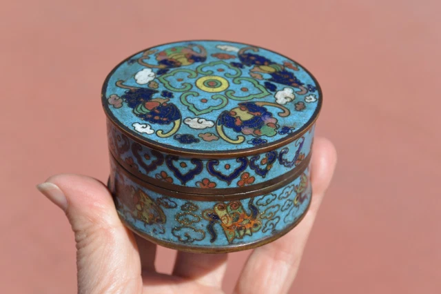 19th Century Chinese Cloisonne Enamel Round Scholar Box Bat