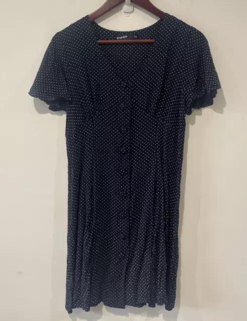 Dangerfield Dress Womens Size 12 Blue White Polka Dots Button Up Flutter Sleeve