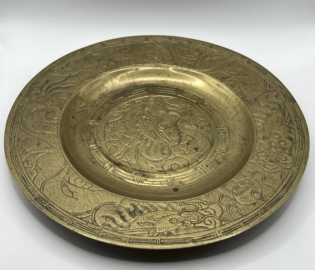 CHINESE HEAVY BRASS Hand Engraving Dragon Charger 10” Wide Engraved £39