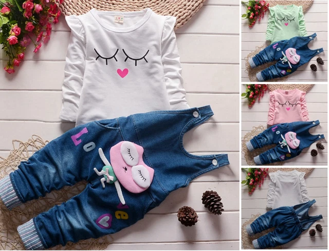 2pcs Kids Baby clothes baby girls clothes cotton top+rompers jeans outfits owl