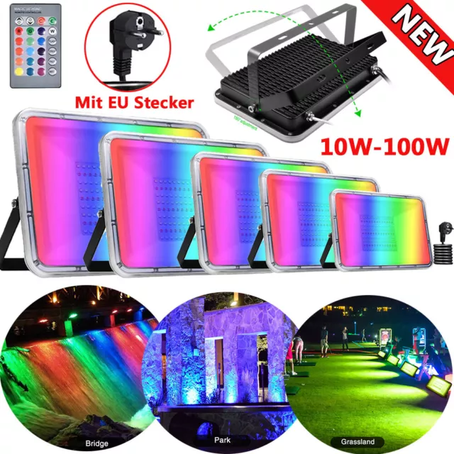 LED RGB Fluter mit Stecker Flutlicht 10W/100W Außen Strahler Scheinwerfer IP67