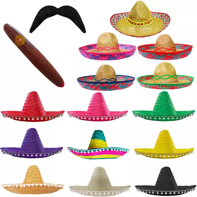 Mexican Sombrero Fiesta Fancy Dress Choose Mexico Straw Hat Cigar Tash