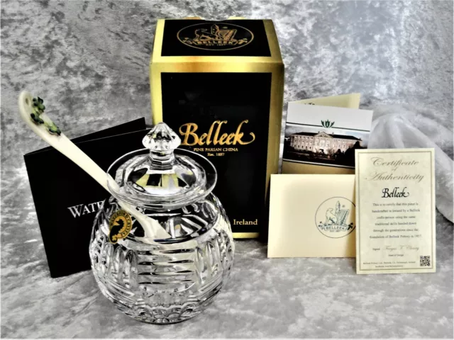 Waterford Crystal 8 oz Basketweave Honey Pot w/ *Belleek Shamrock Spoon* - NIB
