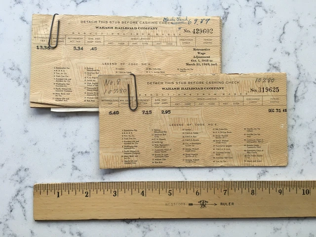 Vintage Group Lot Wabash Railroad Company Employee Paycheck Pay Stubs 1948 1949