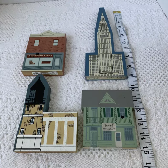 Cat's Meow VTG 90’s Lot of 4 Wood Hand Painted Shops Monuments Buildings Retired 2