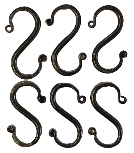 6 Wrought Iron 3 inch S Hooks - Hand Forged Hook Set with Scrolls AMISH USA