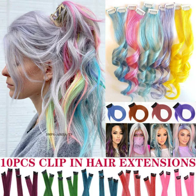 UK 1Pcs Long Clip In Highlight Streaks Rainbow Braid Hair Extensions for Human