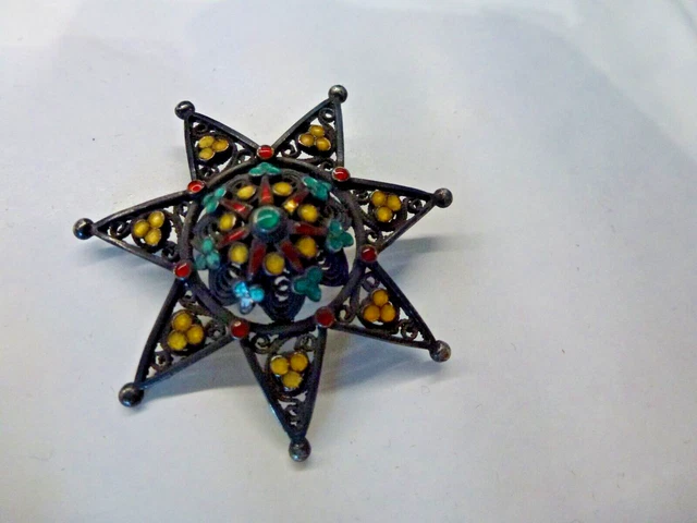 Belle Broche Ancienne XIXème En Métal Doré Avec émail Bressan Bleu - Très Bon état