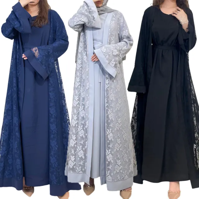 Two Piece Women Lace Open Kaftan Long Dress Set Abaya Muslim Cardigan Robe Gown