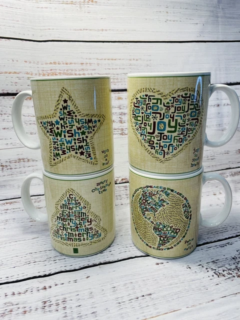 Casa Moda Christmas Sentiments Mug Set of 4 Star Tree Heart Peace On Earth