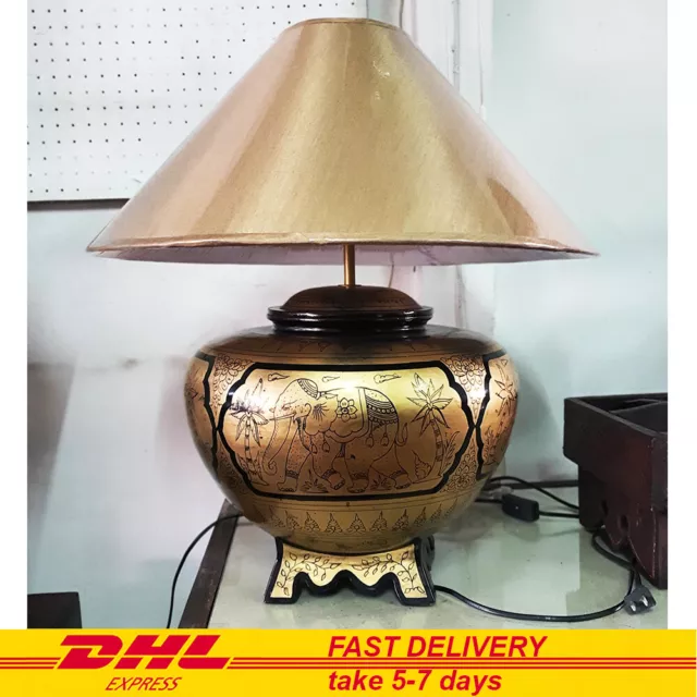 Myanmar Lacquerware Lamp Gold Elephant Hand Painted Traditional Style Home Decor