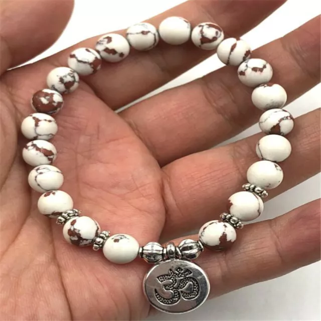 8mm Howlite Gemstone Mala bracelet  pendant Wrist Bless Reiki 7.5inches Healing