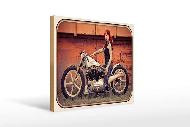 Cartel de Madera Moto 40x30 CM Motociclista Chica Mujer Pin Up Decoración Signo