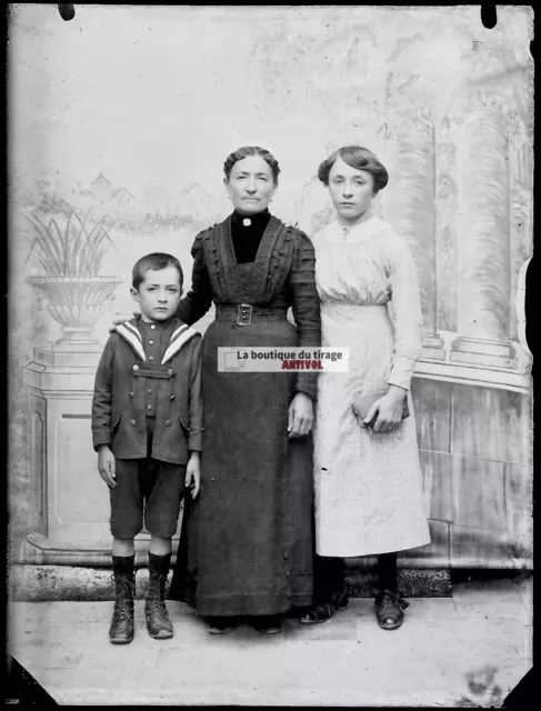 Plaque verre photo ancienne négatif noir et blanc 9x12 cm famille glass plate