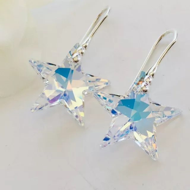 925 Sterling Silver Star Earrings 20mm Aurora AB Made With Austrian Crystals