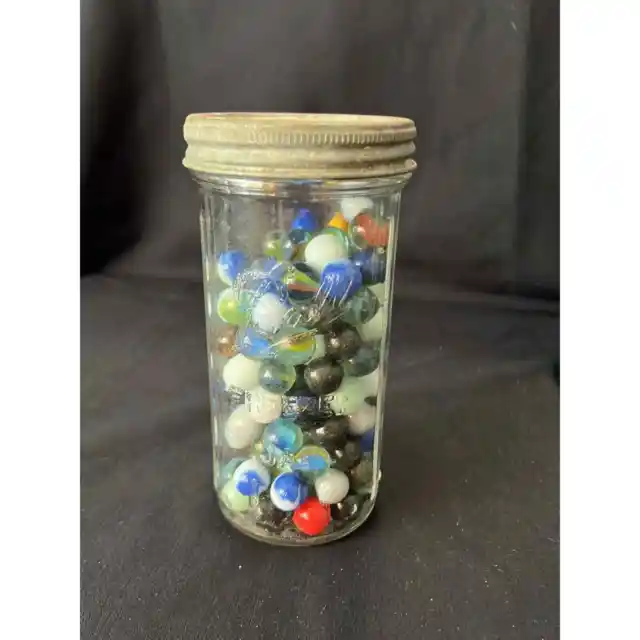 Vintage Tall Ball Mason Freezer Jar full of Vintage Marbles