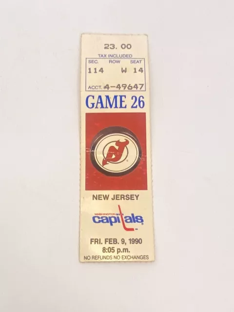1990 New Jersey Devils Ticket Stub vs Washington Capitals Game 26 Feb. 9, 1990