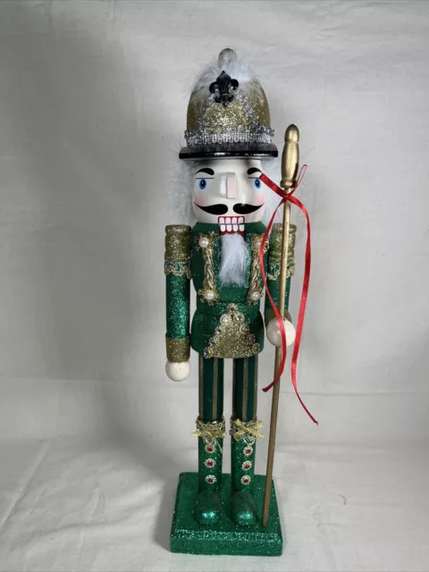 Decorative Wooden Glitter Bling Green & Gold Holiday Nutcracker 15” Tall