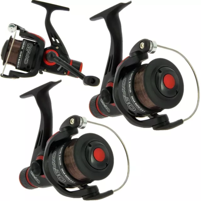 3 X CKR 30 Black Rear Drag Fishing Reels Loaded with 8LB Line Coarse Match Carp