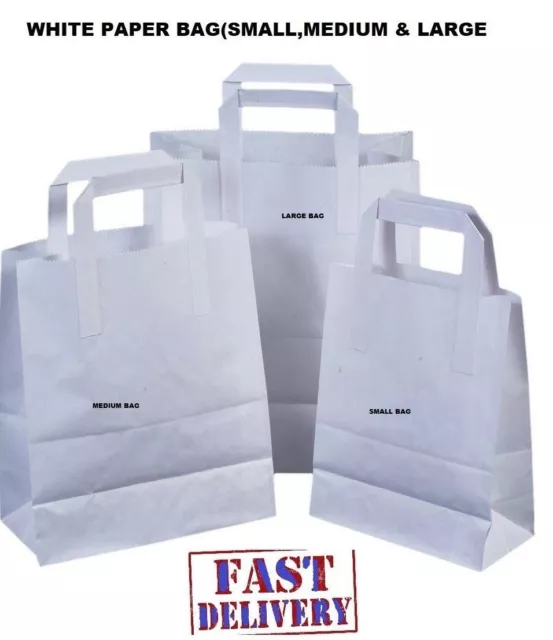 Kraft Paper SOS Carrier Bags White with Flat Handles /Takeaway /Gifts Quick Post