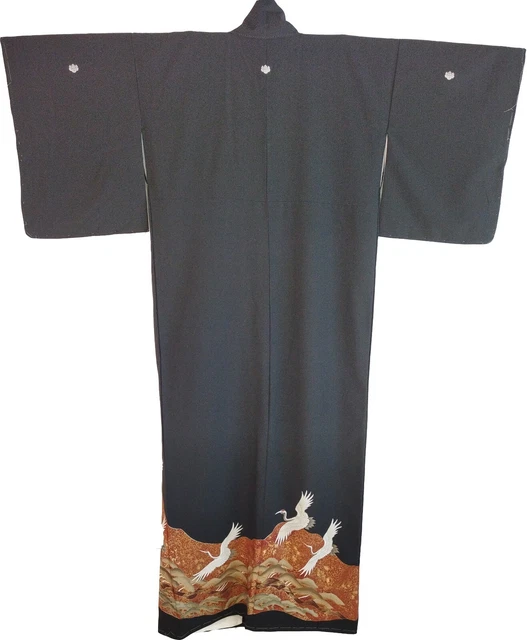 Vintage Japanese Kimono Tomesode Black Silk Seven Cranes Tsuru, 5 Crest Emblems