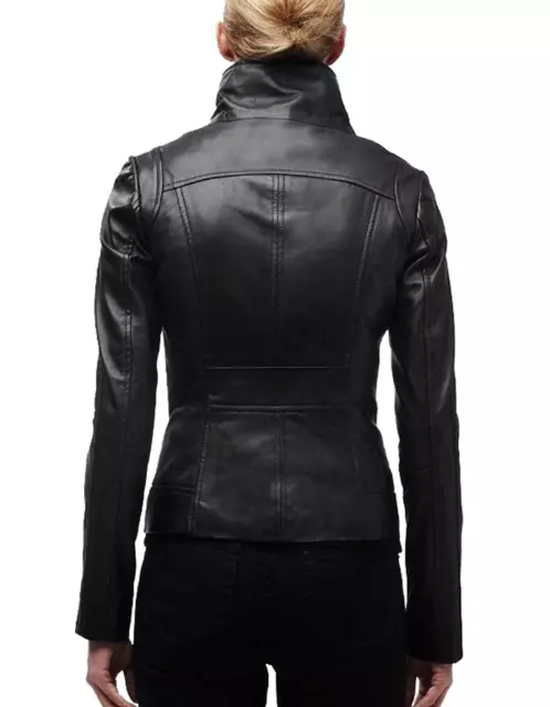 Women's Genuine Lambskin Leather Moto Jacket Black LL896 2