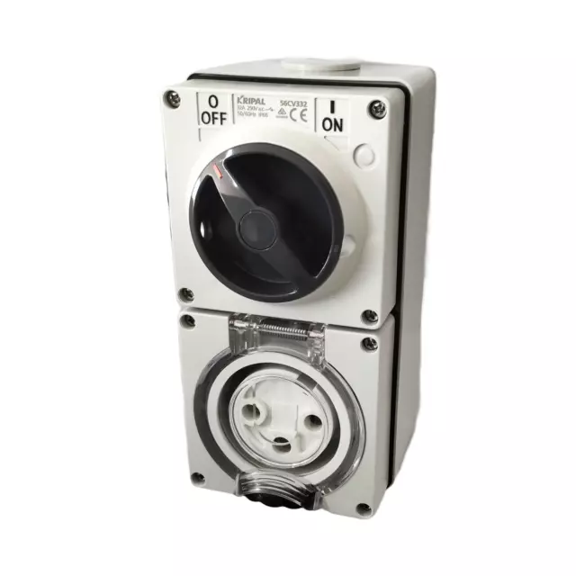 32 amp 3 pin - Combination Switched Socket Outlet - ROUND PINS Single Phase IP66