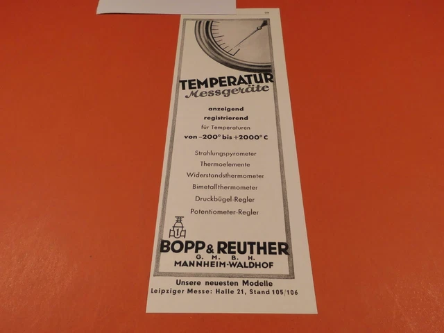 Bopp & Reuther GmbH Mannheim -Waldhof,Temperatur - Messgeräte:Werbeanzeige 1934