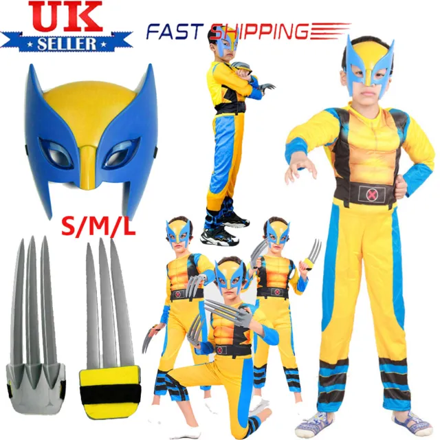 UK Kids Wolverine Book Day Costume Tight Muscle Suit Cosplay Party Fancy Dress·