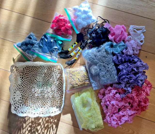 Large bundle of sewing + craft items - elastics, pompoms, lace, yarn + ribbon