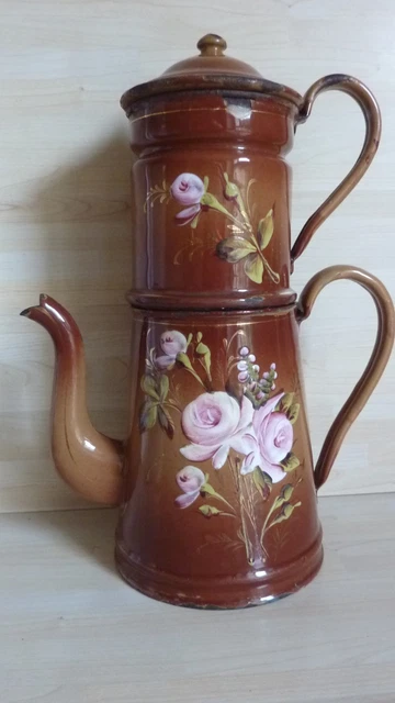 Cafetière Vintage En Tôle émaillée Marron - Décor Fleurs Jaunes Et Oranges - 21cm