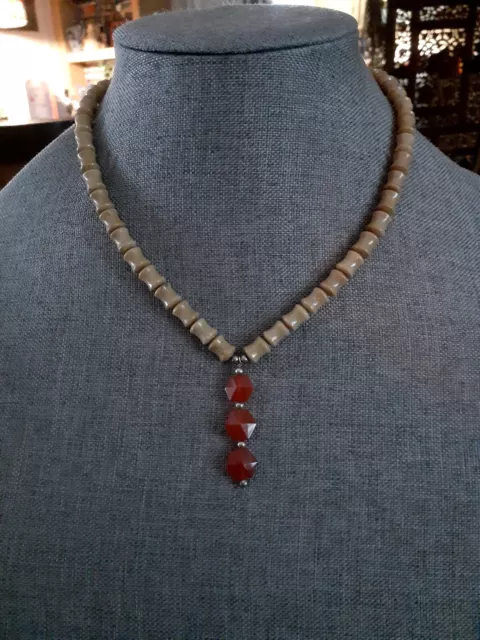 925 Bead & Clasp Carnelian Pendant & Jasper Barrel Gemstone  Y Necklace 17.5"