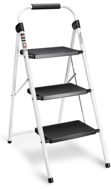 Steel Folding 3-Step Stool Ladder Adults With Soft-Grip Handle White