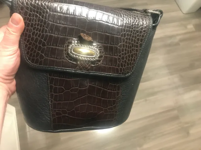 Vintage BRIGHTON Black & Brown Croc Leather Shoulder Crossbody Bucket Bag wPOUCH
