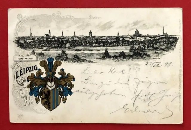Studentika AK LEIPZIG 1899 Stadtansicht mit Stadtwappen  ( 76822
